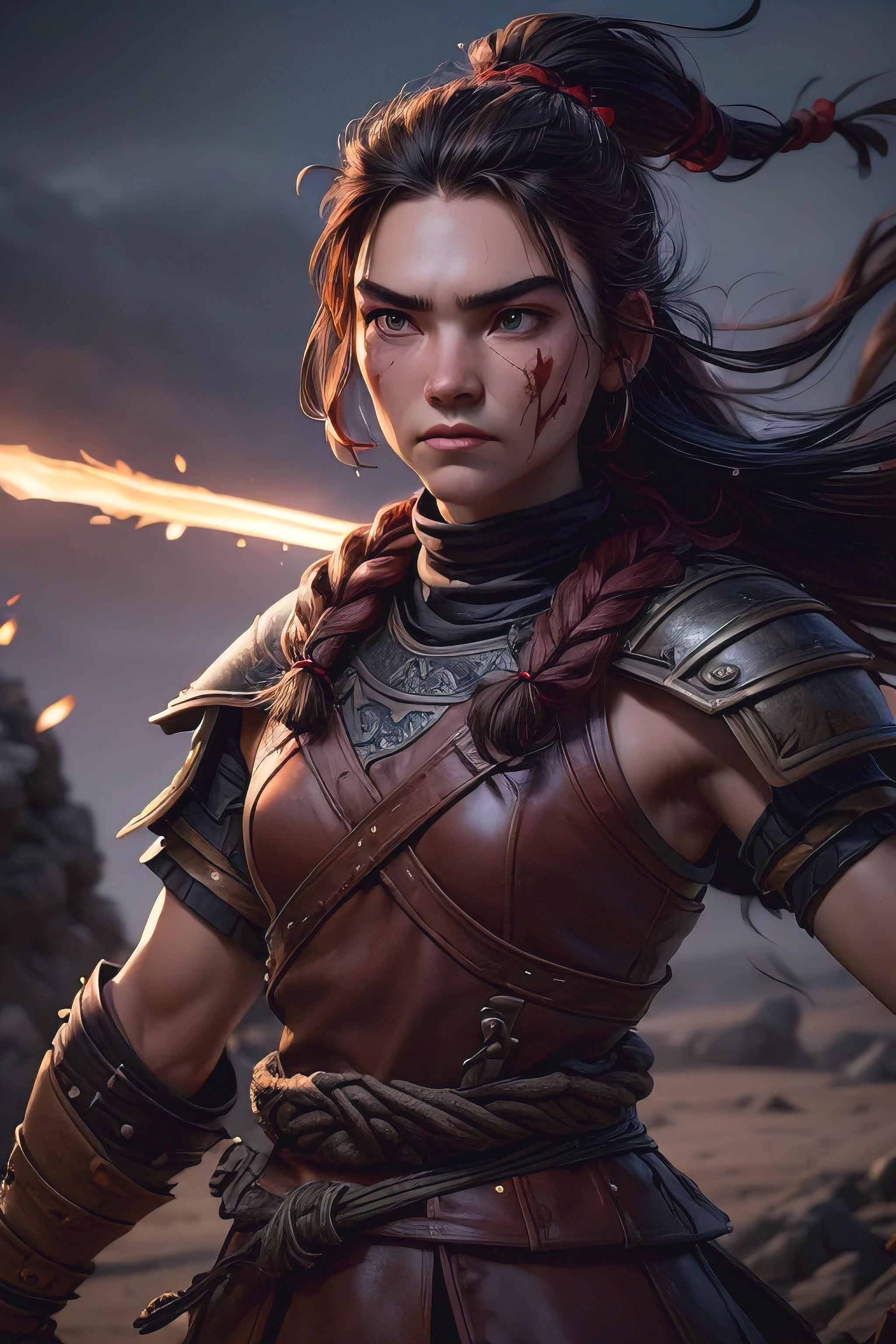 ( masterpiece , ultra high resolution:1.4), ( Photo of a Viking warrior with braided black hair.:1.3), (Tall stature and captivating brown eyes that emit a certain glow and light.:1.4), (Sony Alpha 1 camera, Renowned for capturing the highest level of detail in a photo:1.3), (paired with the Sony FE 85mm f/1.4 GM lens for stunning portraits:1.3), (The face of the Viking with perfect symmetry and impeccable features:1.2), (His face adorned with red war paint:1.3), (his intense yellow eyes shining with determination:1.2), (His leather warrior attire, covered in red war paint and battle stains:1.3), (Sony Alpha 1 camera capturing the textures of the leather and paint with precision:1.2), (The strong arms and the slender body of the Viking.:1.3), (standing with a dominant presence in the middle of the battlefield:1.1), (A light mist in the air, with volcanic ash falling gently from the sky:1.1), (The artistically blurred background, emphasizing the Viking warrior as the focal point:1.1), (His expression shows pure concentration and unwavering determination.:1.3), (The camera captures the emotion and intensity in your eyes:1.3), (The photo captures a moment of raw strength and warrior spirit:1.1), (the ultra high resolution ensuring every detail, from the intricacies of her braided hair to the tiniest streak of war paint, is preserved:1.1), (A moment frozen in time, Showing the bravery and ferocity of a Viking warrior:1.1), cinematographic, Hyperdetailed, Crazy details, beautifully colored, Unreal Engine, dof, Super resolution, Megapixel, cinematographic lightning, Antialiasing, FKA, Thai, RTX, SSAO, Postprocessing , post-production, tone mapping, cgi, visual effects, sound effects, Incredibly detailed and intricate, hyper maximalist, Hyper realistic, volumetric, photorealistic, ultra photorealistic, Ultra detailed, intricate details , 8K, Super detailed, in full color,