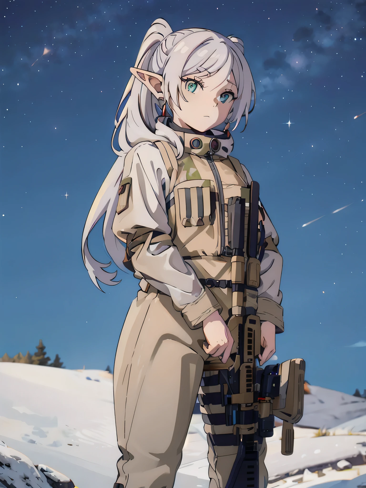 1girl, solo, elf, white hair, grey hair, earrings, pointy ears, long hair, ponytail, green eyes, twintails, parted bangs, thick eyebrows, night sky, stars, galaxy, milkyway, wearing snow camo parka, wearing coyote bulletproof vest, wearing coyote harness