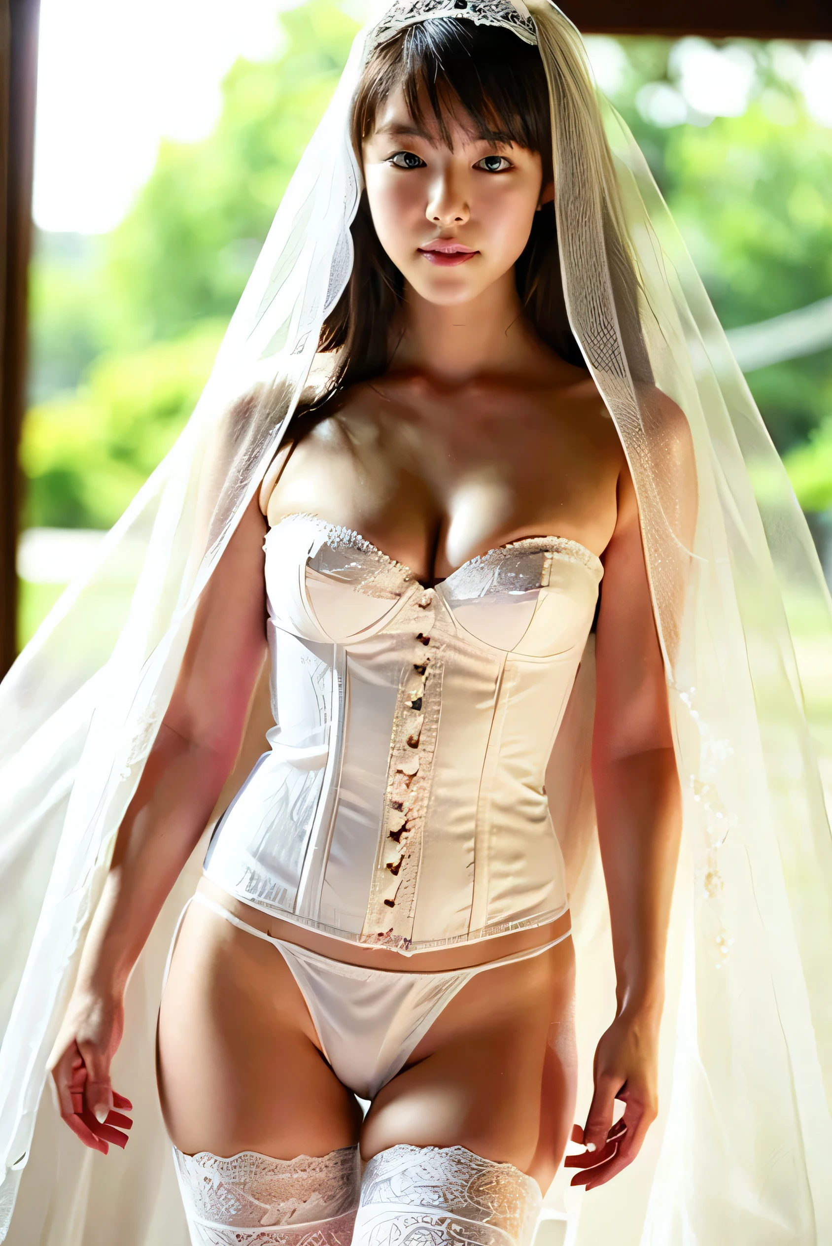 Naked Bride." shape, Big Breasts, Beautiful nipples, Perfect body, whole body , Church wedding,  (((There were many participants behind her...))).  (((white transparent wedding dress, Cape, Veil, Loose fitting white corset, Transparent Micro Panties, Transparent Micro Bra, Fishnet tights.))) . Thick pubic hair. ,(highest quality, 4K, 8k, High resolution, Tabletop:1.2), Very detailed, (Realistic, Realistic, Realistic:1.37), Royal, attractive, (Vibrant colors, Sharp Chest:1.1), Soft lighting"Writhing expression. The most beautiful woman in town.