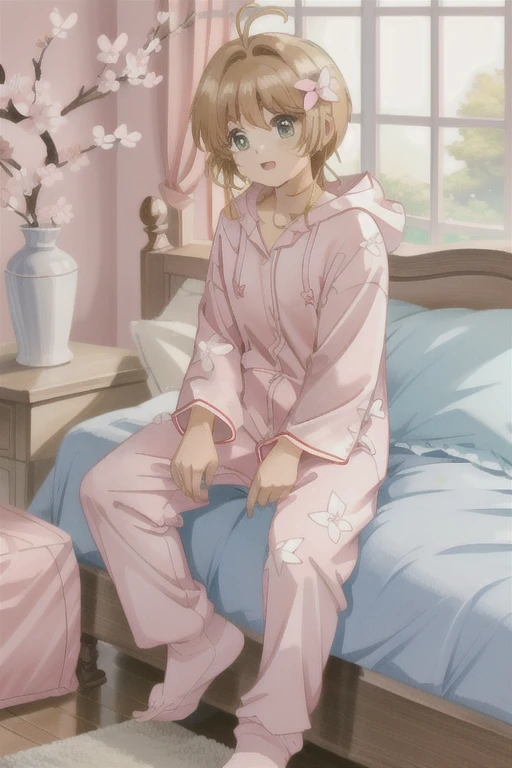  1 girl , cherry blossoms,  short hair,  hair flower hoodie - hooded pajamas, Bedroom with hood down , cute, 