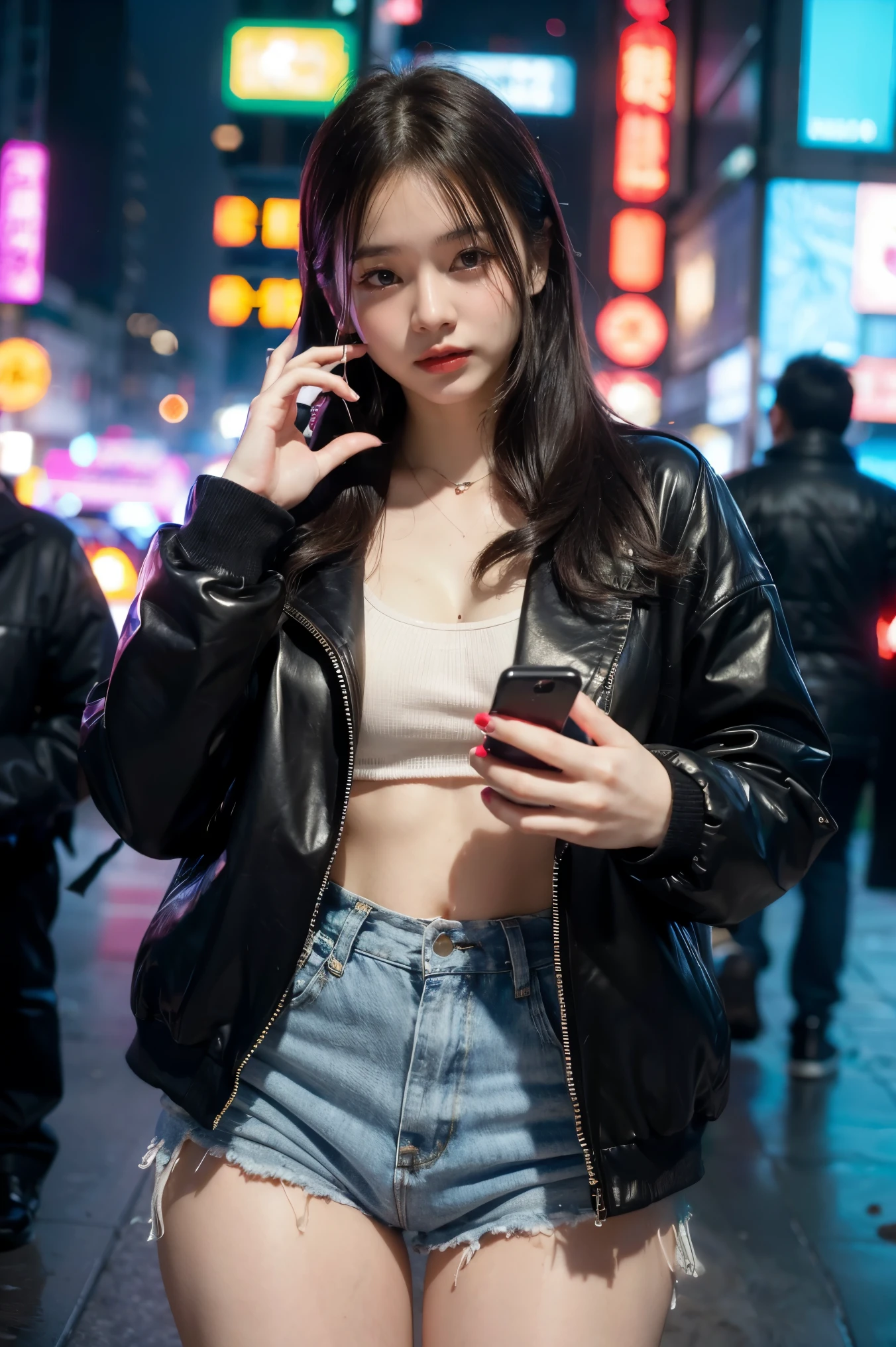 ((beautiful girl with cell phone in hand)) 4K 8K:: realistic::4 cyberpunk::1 --v 4 --quality 2  