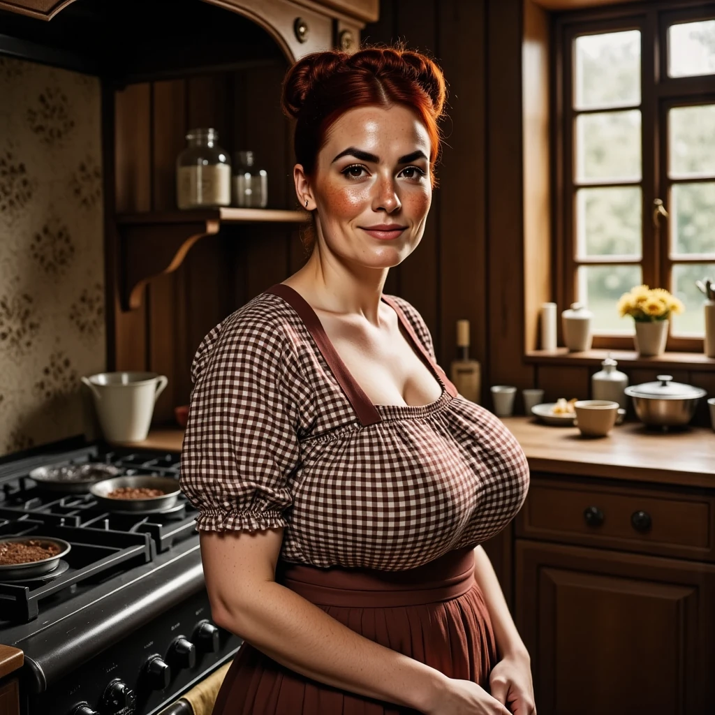 Photorealistic style, cinematic. a rustic kitchen.  a mature beautiful British woman standing next to the stove. Slight smile. Brown eyes, downturned eye shape. Light skin and freckles. High cheekbones. Strong eyebrows. She has  reddish-brown hair, undercut hairdo.  Gingham dress. Perfect hand,HDR, intricate details, 