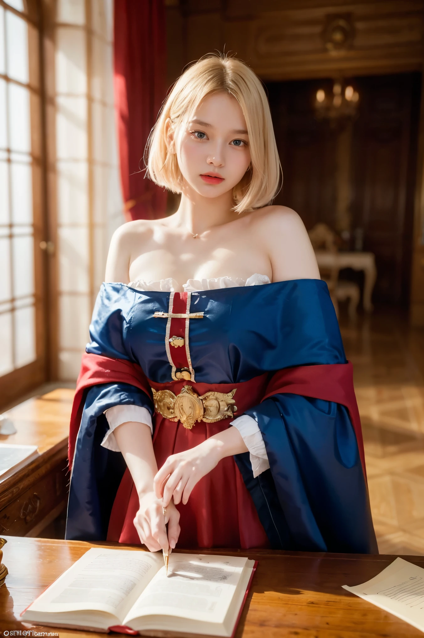 (Masterpiece: 1.2, Best Quality), Realistic, (Realistic Picture, Complex Details, Depth of Field), Best Quality, Masterpiece, Highly Detailed, Semi Realistic, 1 Girl, Mature Female, 21 Years Old, Blond Hair, Shoulder length Short Hair, Left Eye Covered with Hair, Blue Eyes, King's Clothes, Red Cloak, Slim Figure, Crown Made of Precious Gold, Reading Documents, Marking Documents, Goose Hair Pen, Office Table, Soft Bench, Palace, In the palace, during the Middle Ages