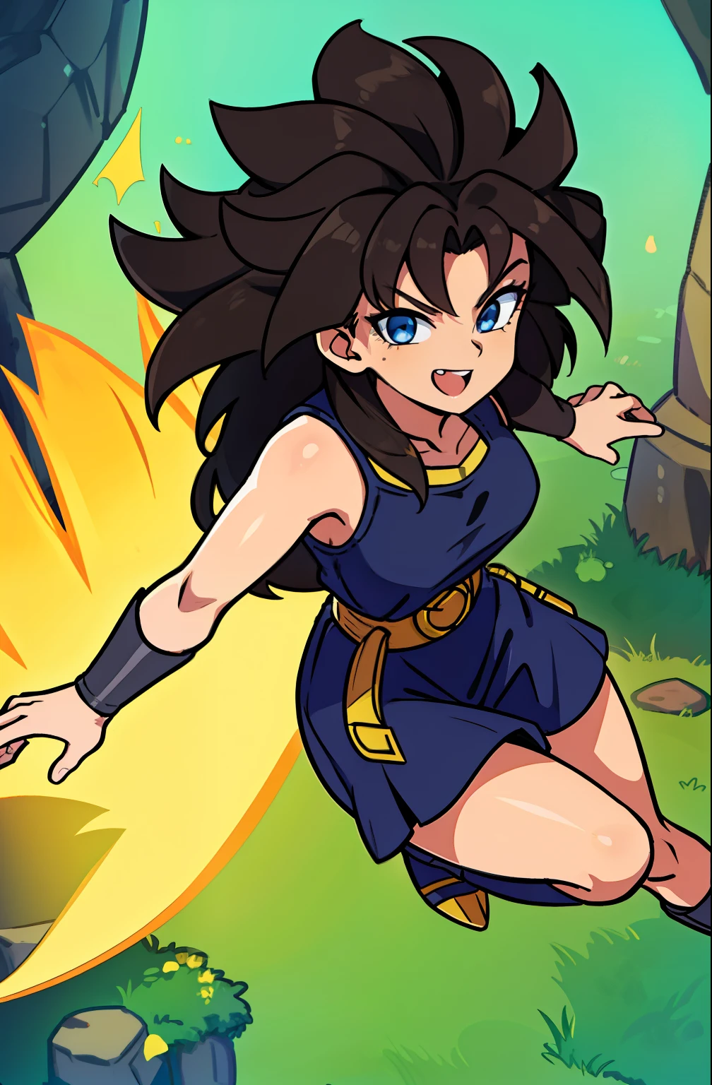 (  masterpiece  ,   The best quality  ,   detailed face  ,   detailed eyes  ), yellow lilies, 1 girl, Saiyan , 1 girl,  Saiyan,  dark brown hair,  Long wild pointed hair  ,  Gi without shoulders  , brown belt,   Very dark brown short tights,  Very dark brown bracelets  , (  Side view  ), Saiyan , a cartoon character , tied hair,   Long wild pointed hair ,   hair over the shoulders  , cabello suelto , Casual clothing,  happy face, dark blue eyes