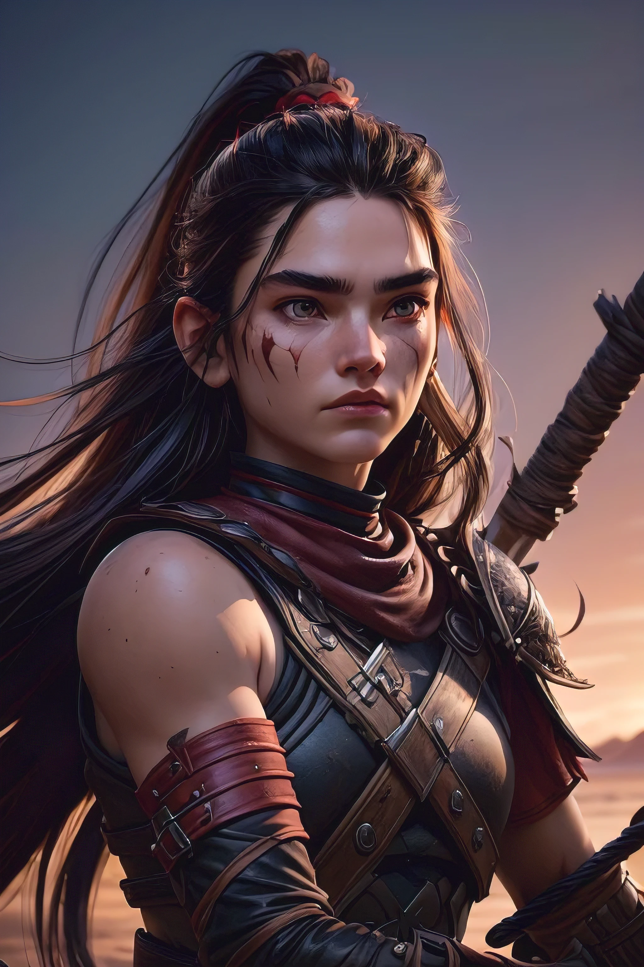( masterpiece , ultra high resolution:1.4), ( Photo of a Viking warrior with braided black hair.:1.3), (Tall stature and captivating brown eyes that emit a certain glow and light.:1.4), (Sony Alpha 1 camera, Renowned for capturing the highest level of detail in a photo:1.3), (paired with the Sony FE 85mm f/1.4 GM lens for stunning portraits:1.3), (The face of the Viking with perfect symmetry and impeccable features:1.2), (His face adorned with red war paint:1.3), (his intense yellow eyes shining with determination:1.2), (His leather warrior attire, covered in red war paint and battle stains:1.3), (Sony Alpha 1 camera capturing the textures of the leather and paint with precision:1.2), (The strong arms and the slender body of the Viking.:1.3), (standing with a dominant presence in the middle of the battlefield:1.1), (A light mist in the air, with volcanic ash falling gently from the sky:1.1), (The artistically blurred background, emphasizing the Viking warrior as the focal point:1.1), (His expression shows pure concentration and unwavering determination.:1.3), (The camera captures the emotion and intensity in your eyes:1.3), (The photo captures a moment of raw strength and warrior spirit:1.1), (the ultra high resolution ensuring every detail, from the intricacies of her braided hair to the tiniest streak of war paint, is preserved:1.1), (A moment frozen in time, Showing the bravery and ferocity of a Viking warrior:1.1), cinematographic, Hyperdetailed, Crazy details, beautifully colored, Unreal Engine, dof, Super resolution, Megapixel, cinematographic lightning, Antialiasing, FKA, Thai, RTX, SSAO, Postprocessing , post-production, tone mapping, cgi, visual effects, sound effects, Incredibly detailed and intricate, hyper maximalist, Hyper realistic, volumetric, photorealistic, ultra photorealistic, Ultra detailed, intricate details , 8K, Super detailed, in full color,