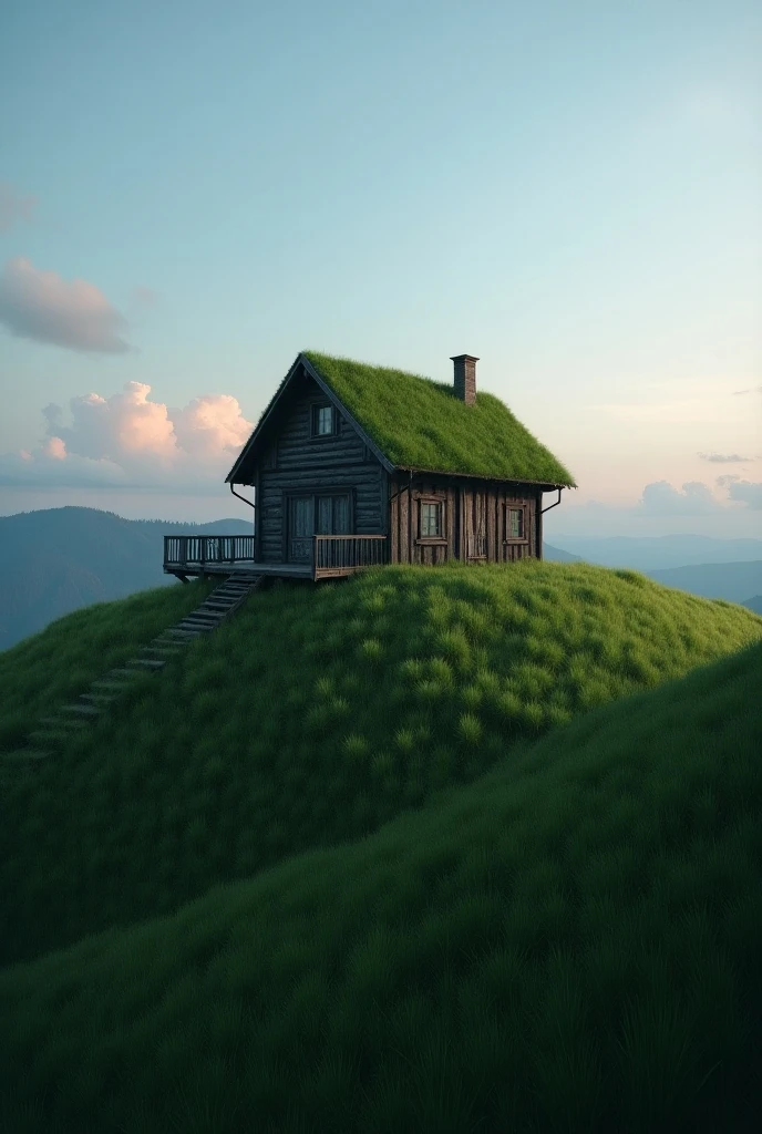Cabin covered with green grass in the middle of a hill at dusk - SeaArt AI