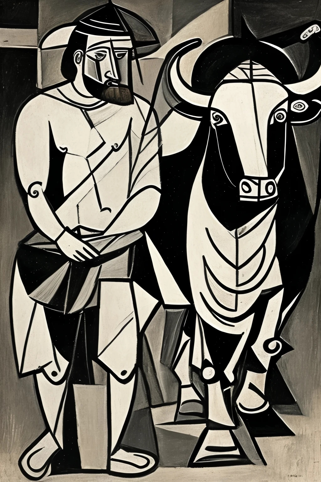 Men and bull, picasso style, expresionism, drawing style, sketch, artistic composition, black and white 