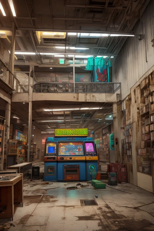 Store inside a mall, abandoned, small empty video game machine shop, neon