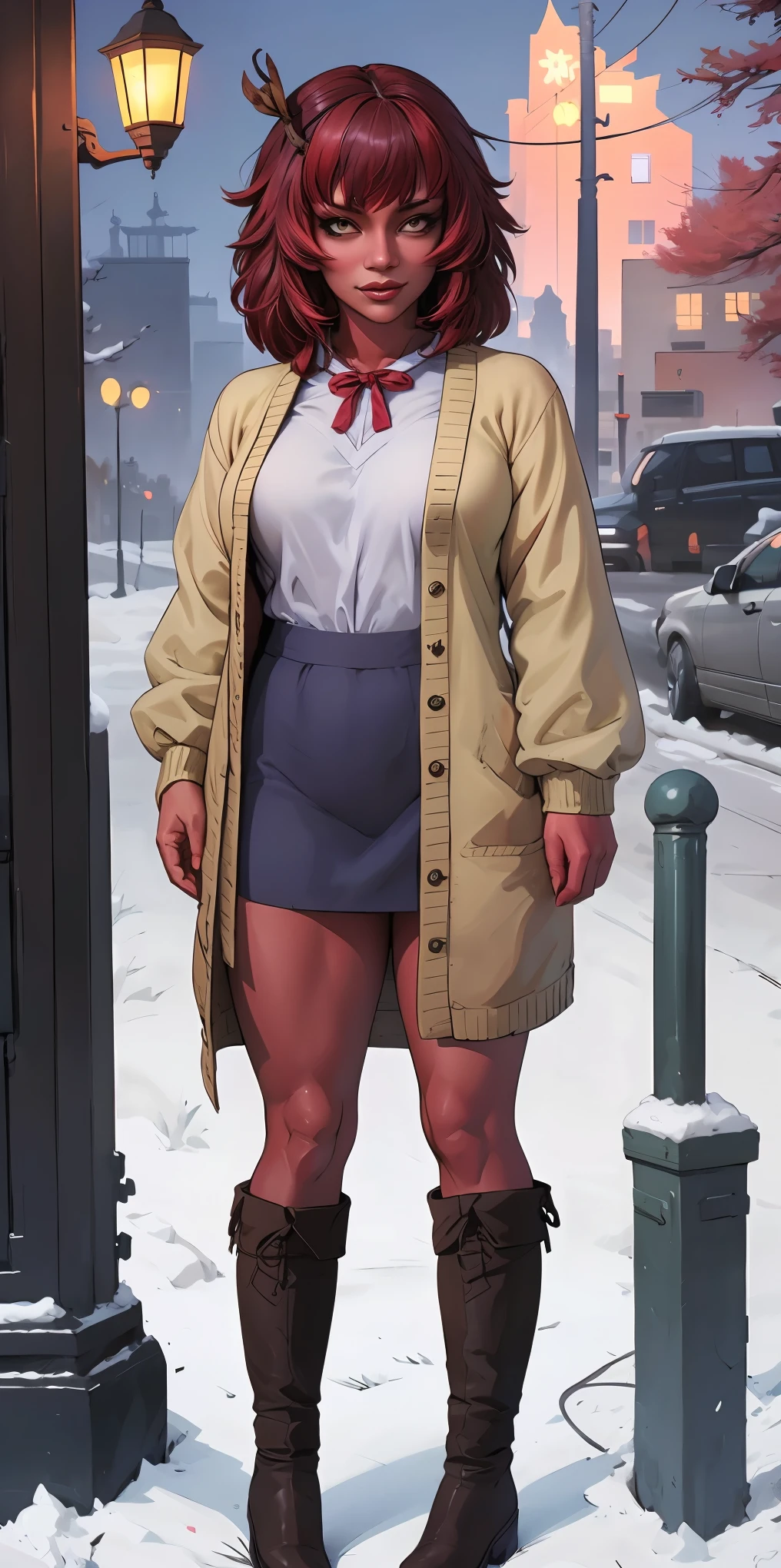 (masterpiece:1.2), best quality, highres, original, (extremely detailed:1.2), ultra-detailed, perfect lighting,(extremely detailed CG:1.2), 8k, anime illustration, 1girl, solo, lustful smirking smile face red cheeks, (winter outfit:1.2), STANDING STRAIGHT SYMMETRICAL LOOKING TO THE CAMERA, (knit cardigan:1.1), (bowknot on cardigan:1.25), knee-length skirt, (Ruffled hemline:1.3), winter boots, {delicate|detailed}clothes, (anatomically correct:1.34), close-up, full-body, looking at viewer, frontal, snowy street, (streetlight:1.17), NO background, unity 4k