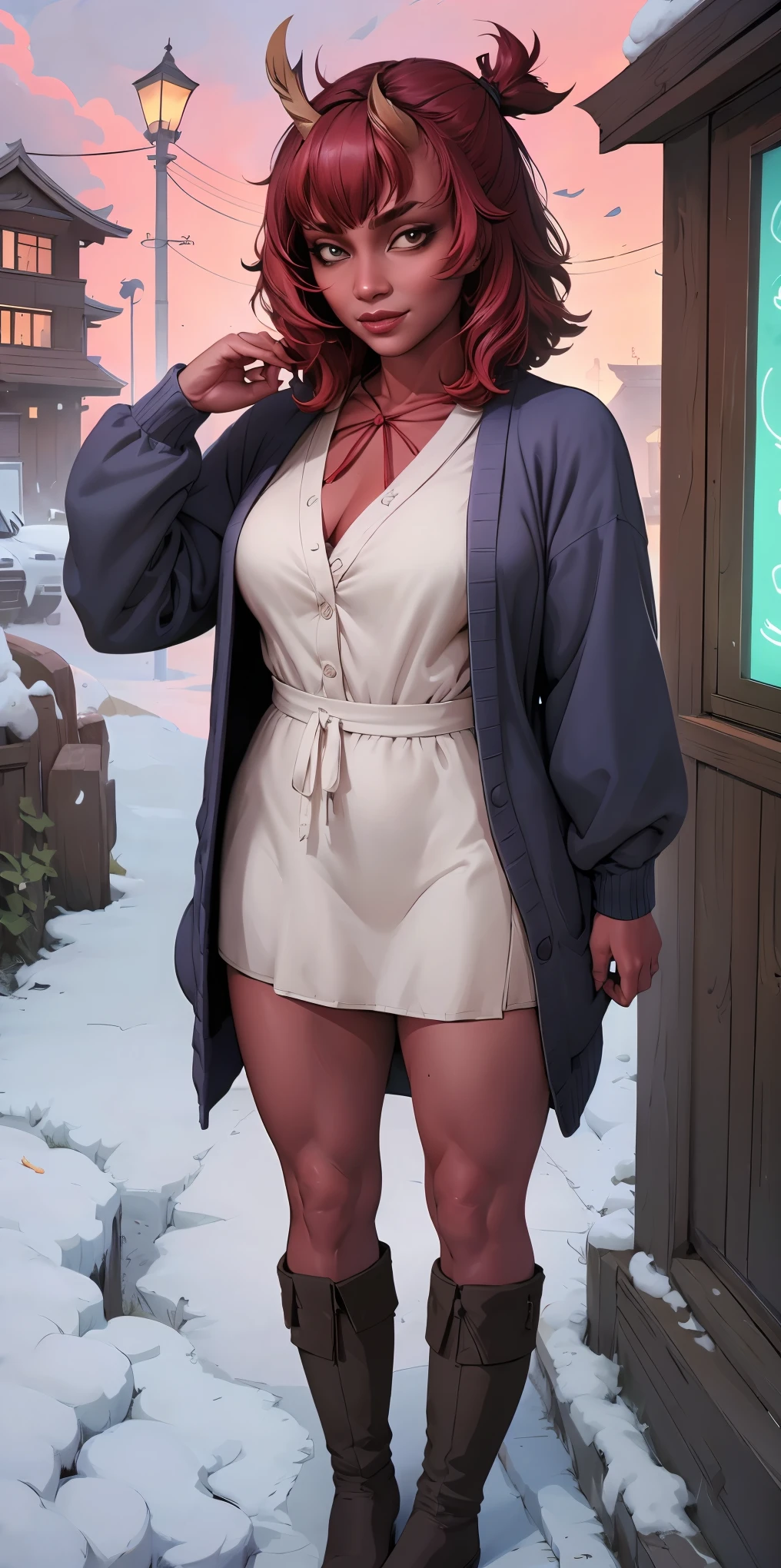 (masterpiece:1.2), best quality, highres, original, (extremely detailed:1.2), ultra-detailed, perfect lighting,(extremely detailed CG:1.2), 8k, anime illustration, 1girl, solo, lustful smirking smile face red cheeks, (winter outfit:1.2), STANDING STRAIGHT SYMMETRICAL LOOKING TO THE CAMERA, (knit cardigan:1.1), (bowknot on cardigan:1.25), knee-length skirt, (Ruffled hemline:1.3), winter boots, {delicate|detailed}clothes, (anatomically correct:1.34), close-up, full-body, looking at viewer, frontal, snowy street, (streetlight:1.17), NO background, unity 4k