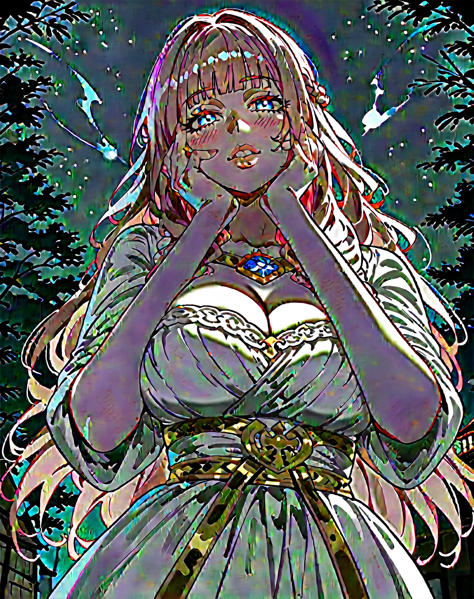 score_9, score_8_up, score_7_up, score_6_up, score_5_up, score_4_up, BREAK source_anime, {{from below, close up, scary, anime, vibrant, outdoors, night sky, solo, by nilsunna, medieval fantasy, solo, saturated, Purple lighting}} mature woman, light pink hair, long hair, french braid, blunt bangs, blue eyes, curvy, huge breasts, cleavage, long lashes, lips, white dress, gown, yandere trance, parted lips, teeth, glowing eyes, gold waistband, looking at viewer, hand to cheek, yandere.