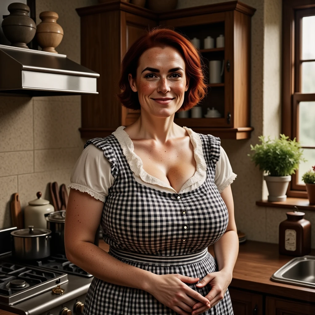 Photorealistic style, cinematic. a rustic kitchen.  a mature beautiful British woman standing next to the stove. Slight smile. Brown eyes, downturned eye shape. Light skin and freckles. She has  reddish-brown hair, undercut hairdo.  Gingham dress. Perfect hand,HDR, intricate details, 