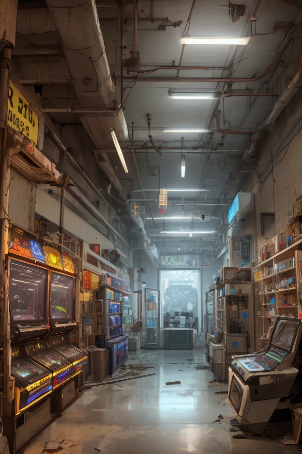 Store inside a mall, abandoned, small empty video game machine shop, neon, one floor