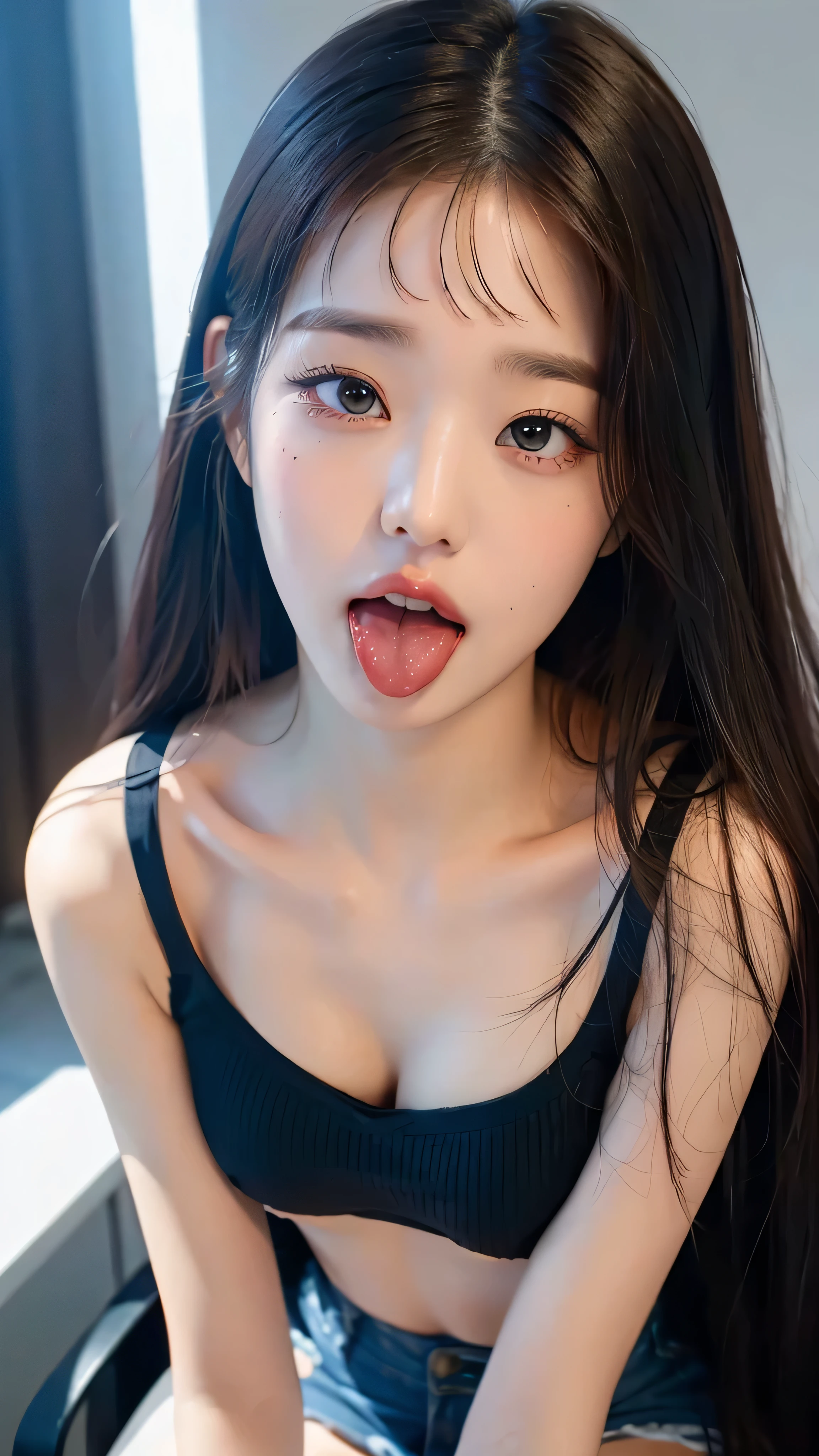 ((A point where only the face is visible)), (( face close-up )), girl, Black hair, black eye, Long hair, Open your mouth wide and stick your tongue out, Front view of face, face looking at the center, Face focus, Accurate eye expression, Accurate tongue tip expression, The tip of the tongue sticking out, Accurate facial expressions, masterpiece,  super high resolution , Very detailed, in detail, Detailed eye expressions,  best quality, Realistic, ( 1 female), porcelain skin, The best face, protruding tongue, The tip of the tongue is revealed, Accurate representation of teeth, Accurate expression at the tip of the tongue, Accurate gaze expression, Accurate expression of the eyes, Both eyes look at the viewer, A brightly shining face, Light shines on the face, ( Looking up ), (stripped top), Shoulder exposure, (sternum exposure), Breast Exposure, Brezier exposure, Sit on your knees,  When a camera wearing a navy off-shoulder top looks down at the target from above , short skirt skirt, (Dark black background ),  Looking up ,  Viewers look down at the target below {x},