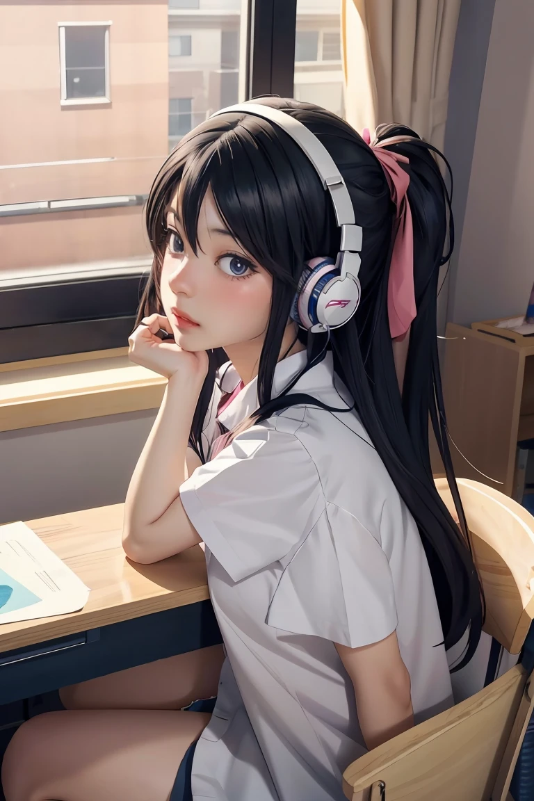 anime girl sitting at a desk with headphones on writing, anime style 4 k, digital anime illustration, digital anime art, anime style. 8k, anime moe artstyle, anime art wallpaper 4 k, anime art wallpaper 4k, anime style illustration, smooth anime cg art, detailed digital anime art, anime art wallpaper 8 k, realistic anime 3 d style