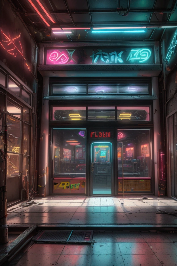 a small abandoned video game shop in a mall, neon lights, 1 floor, (best quality,4k,8k,highres,masterpiece:1.2),ultra-detailed,(realistic,photorealistic,photo-realistic:1.37),empty store, abandoned, derelict, retro video games, old arcade machines, dusty shelves, broken neon signs, dim lighting, gloomy atmosphere, moody colors, cyberpunk, neon lights, concrete floor, shopping mall interior, empty space