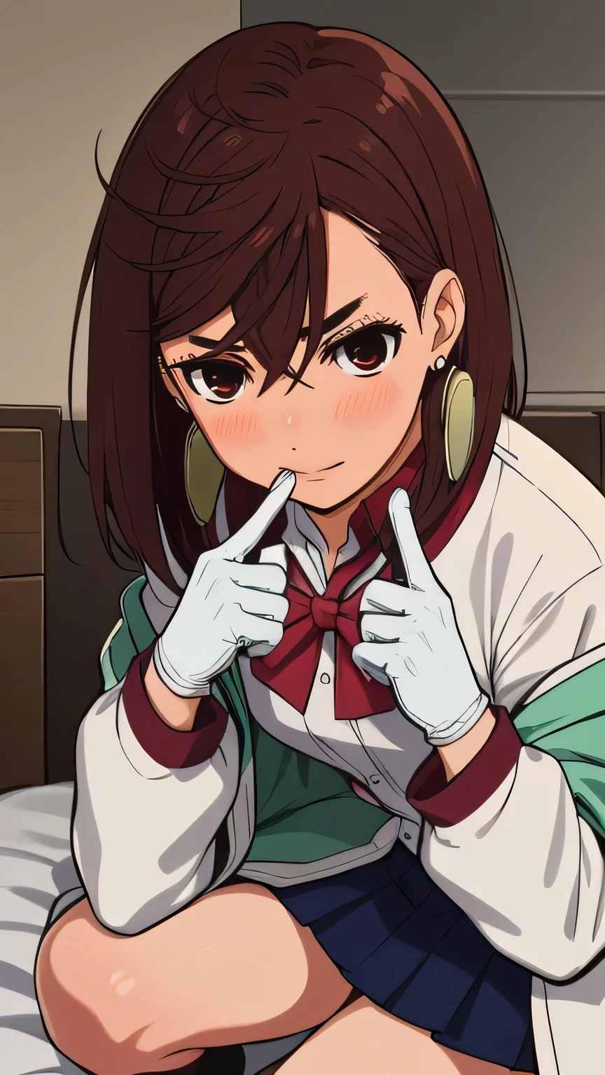 ( masterpiece ), The best quality , Ultra detailed, 4k, 1girl, Alone, socks, hair necklace, skirt negra, White shirt, collared shirt , long sleeves, hairclip, green jacket, Dress shirt, smile,blush , bedroom, close up of gloves ,
girl,catalyst type, brown eyes costume,red eyes, brown hair ,earrings, medium hair white latex gloves, white gloves , gesture of silence , finger in the mouth, gesture of silence , close up of gloves , Detailed gloves, finger in the mouth haciendo callar, Shhh, silencio, Close-up of hand, hands, legs, skirt, skirt