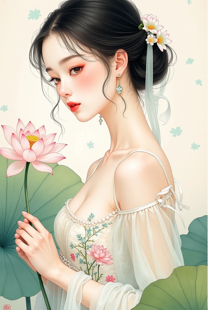 Elegant girl,portrait, Hold 1 lotus flower，， Inspired by Cheng Yanjun,  beautiful character painting , watercolor