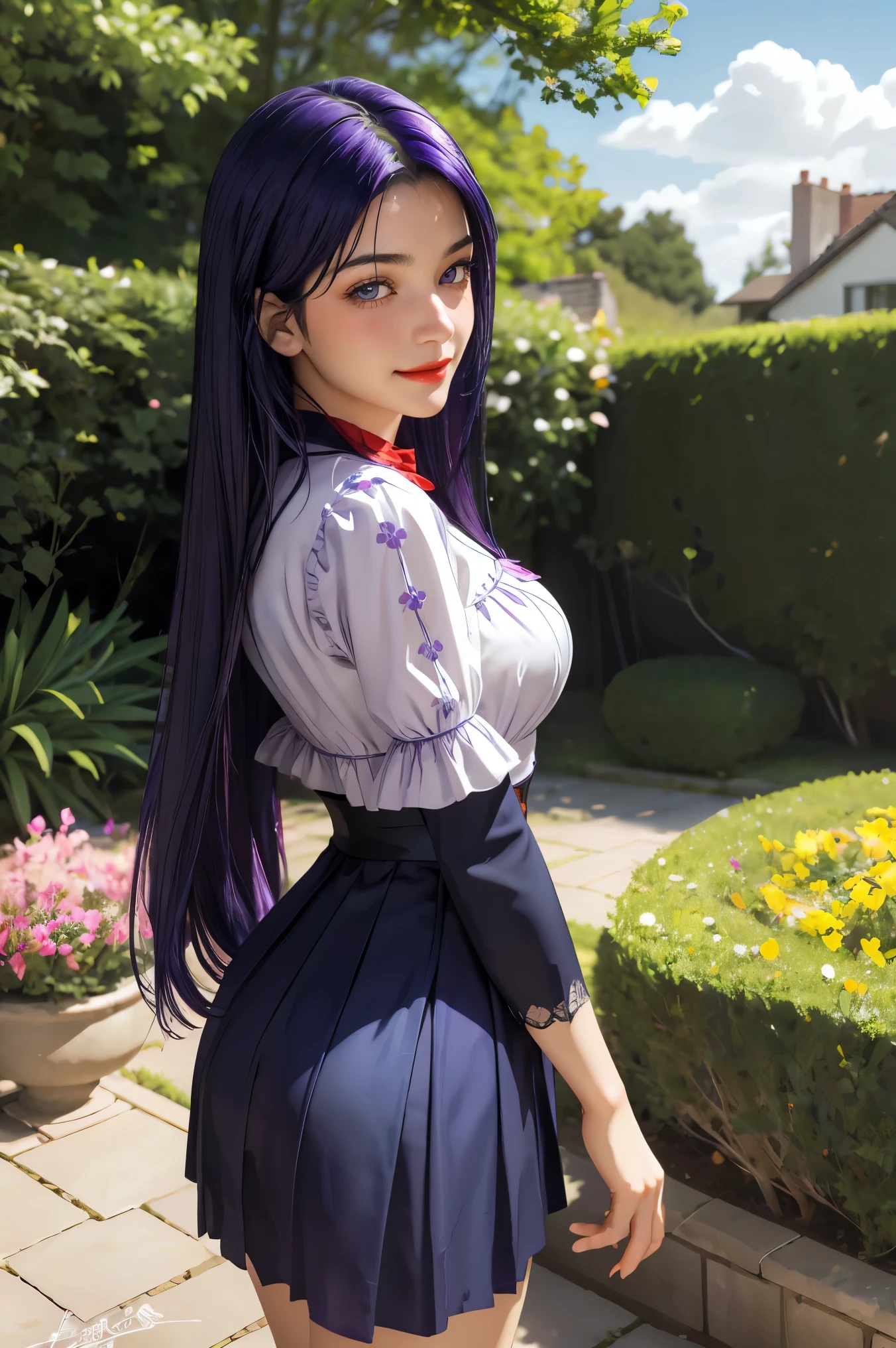 (absurdres, highres, ultra detailed), masterpiece, hinata(boruto), ((solo)), 1girl,medium breasts, long purple victorian style dress, closed mouth, (((long hair))),standing, the bodice and the skirt pattern, frill skirt, lace, blink blink effect, (((detailed lips))), garden, pink and yellow flowers,  ((realistic skin)), glowing skin, ((glossy red lips)), purple eyes, portrait, beautiful, smile, (((dark blue hair))), bust crop, normal skin