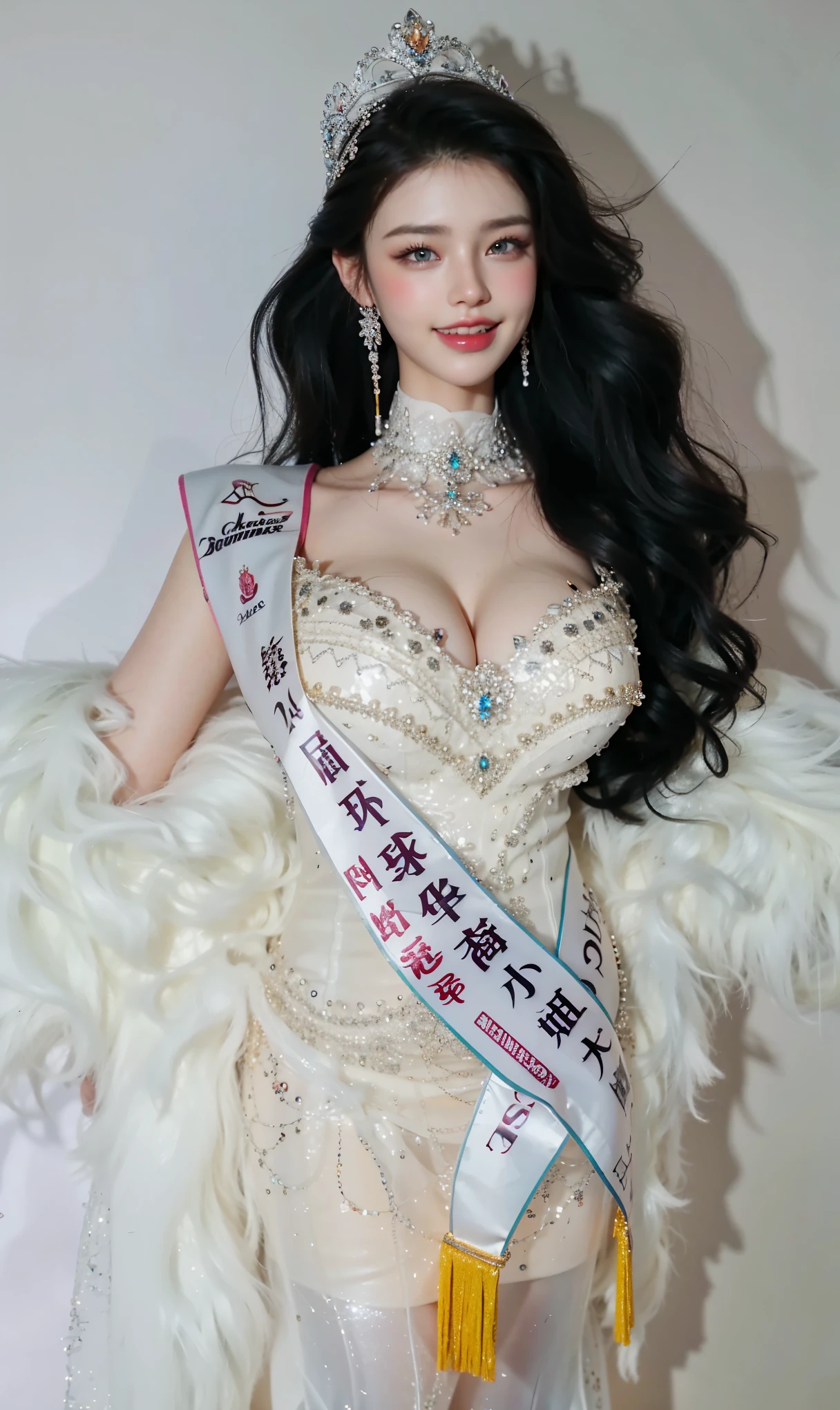 a woman posing for a picture, arabic goddess, traditional beauty, arabic, beautiful goddess, middle eastern girl, arabic super model, beautiful, gorgeous woman, middle eastern with long, sweet shy arabic, gorgeous beautiful woman, Arabian aesthetic, beautiful middle eastern girl, extremely detailed goddess shot, jaw-dropping beauty, big deep cleavage, wearing crown, being crowned at a beauty contest, wearing a beauty queen sash, behind her a miss universe stage, being given title of miss universe, wearing beautiful dress, getting crown for miss universe, purple dress, spotlights behind her, audience behind her on a side, wearing beige dress, detailed crown,