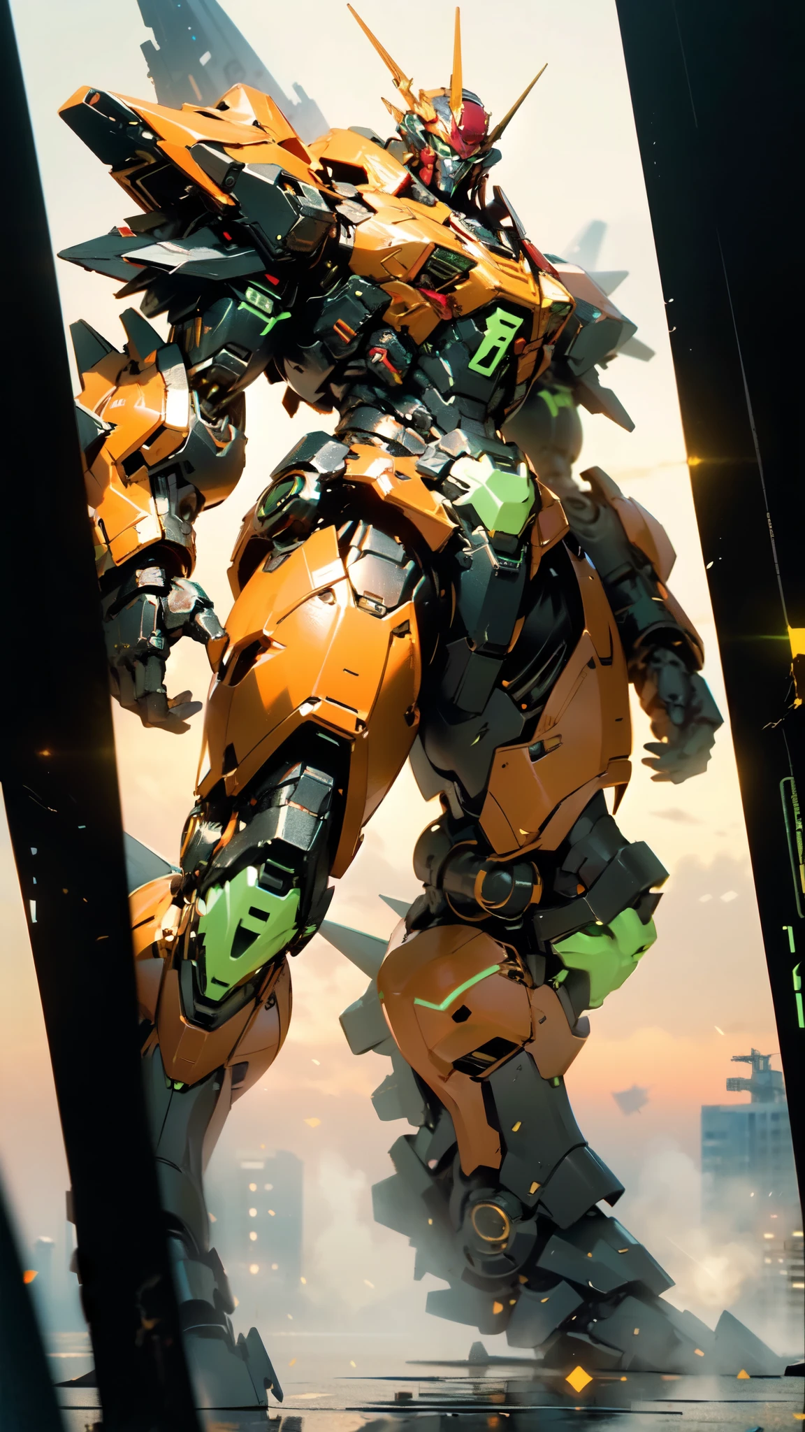 (masterpiece:1.5, best quality:1.5, extremely delicate:1.5, dynamic angle:1.5), ((male:1.5)), Biomimetic humanoid Mecha, green eyes, fully enclosed shoulder guards, matching arm and leg guards, gemstone, full body, full armor, the design balances heavy with agility, organic biotech armor, (the color scheme is primarily Golden and Black with Red and Green accents, concept Inspired by Godzilla, glowing eyes, the armor glows), standing, floating high above the futuristic sci-fi city, a finely crafted Super robot in anime style, exquisite and mature art style, metallic, dramatic, high definition, highres, ultra-detailed, ultra-fine painting, professional, anatomically correct, symmetrical face, extremely detailed eyes and face, high quality eyes, creativity, RAW photo, UHD, 32k, Natural light, cinematic lighting, (masterpiece-anatomy-perfect:1.2)