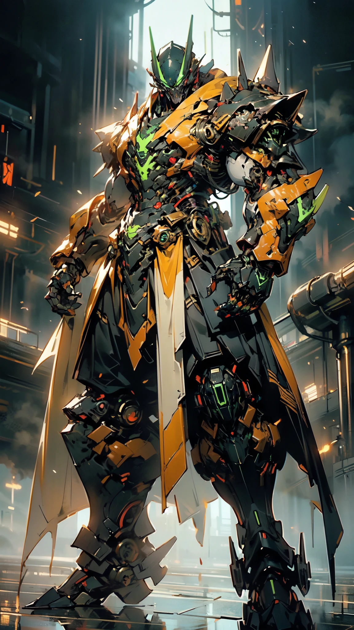 (masterpiece:1.5, best quality:1.5, extremely delicate:1.5, dynamic angle:1.5), ((male:1.5)), Biomimetic humanoid Mecha, green eyes, fully enclosed shoulder guards, matching arm and leg guards, gemstone, full body, full armor, the design balances heavy with agility, organic biotech armor, (the color scheme is primarily Golden and Black with Red and Green accents, concept Inspired by Godzilla, glowing eyes, the armor glows), standing, floating high above the futuristic sci-fi city, a finely crafted Super robot in anime style, exquisite and mature art style, metallic, dramatic, high definition, highres, ultra-detailed, ultra-fine painting, professional, anatomically correct, symmetrical face, extremely detailed eyes and face, high quality eyes, creativity, RAW photo, UHD, 32k, Natural light, cinematic lighting, (masterpiece-anatomy-perfect:1.2)