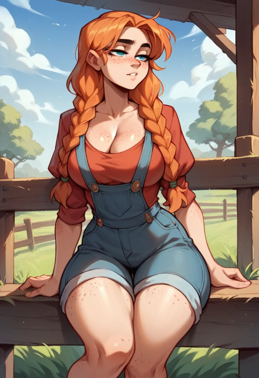 character tension, cool, solo, human, waist up, farm girl, female, solo, blue eyes, cleavage, straw hat, long twin braids, orange hair, bronze round glasses, small thin silver necklace with a turquoise stone, overalls, suspenders, yellow frilly shirt, ((freckled skin, lots of freckles on breasts)), large breasts, ((small scars on body, acne scarred skin)) ,sitting on garden flowers,cloud,(((masterpiece,best quality))),((good structure,Good composition,good atomy)), ((original,beautiful))