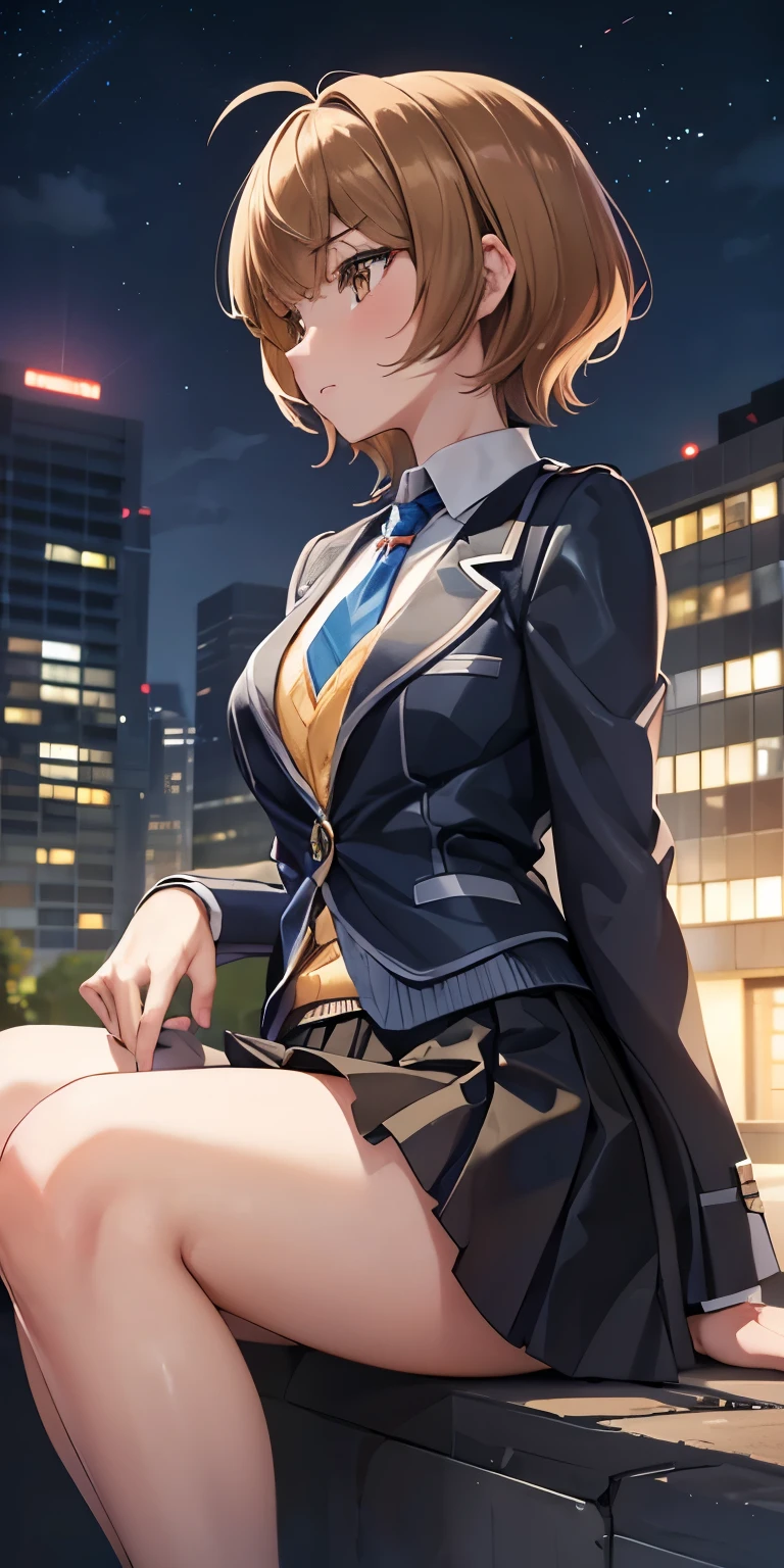 1 Female,High definition,high resolution,Ultra-realistic,8K, hmza, short hair, antenna hair, brown eyes, school uniform,( blue necktie), (yellow shirt),(black jacket), long sleeves, black skirt,tight skirt , ((miniskirt)),European,sexy,Upper body close-up,Photographed from the front,Dynamic Angles,private teacher,blush, medium tits ,outdoors, moonlight, dark sky, buildings,full body,4k, ultra high definition, perfect face, detailed face , (isometric profile view), sitting ,(pov, closed shot:1.2) ,thinking , detailed clothes