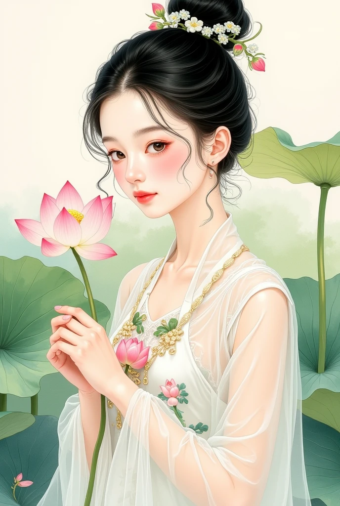 Elegant girl with lotus leaves,portrait, Hold 1 lotus flower，， Inspired by Cheng Yanjun,  beautiful character painting , watercolor