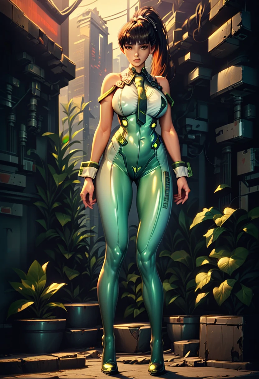 eve (stellar_blade), solo, bodysuit, necktie, abandoned cyberpunk city overgrown with plants, standing, looking at viewer, shiny clothes, skin tight, full body, bare shoulders, lips, green necktie, large breasts, wrist cuffs, shiny, sleeveless, high heels, BREAK , zPDXL, score_9, score_8_up, score_7_up, score_6_up, score_5_up, score_4_up