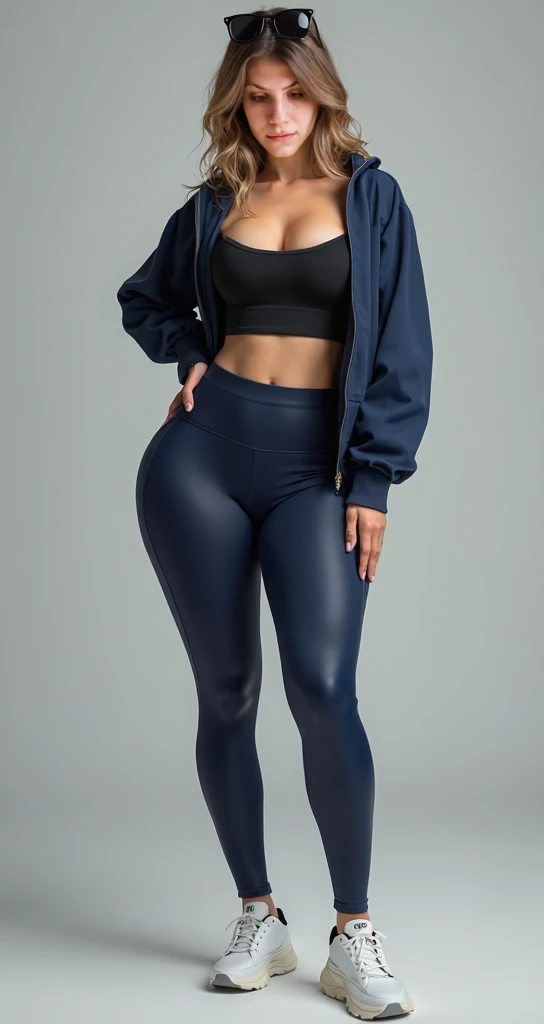 a young man having long legs, thick thighs, large hips, thin and narrow weist, big large feminine breasts, wearing blue leggings and hoodie and tshirt, very small spikey boyish haircut, man, man, black hair 
