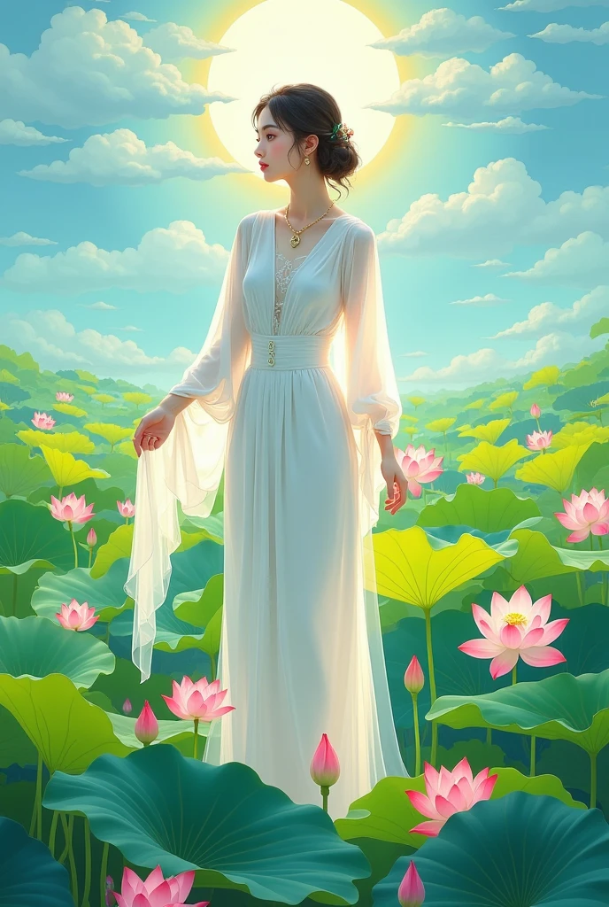  Arafat woman in a white dress standing in a lotus field, Li Song's digital painting ,  is popular in the CG community, Digital Art,  Standing gracefully on the lotus ,   a beautiful artwork illustration, Beautiful digital illustrations,  trending on cgstation , Middle Yuan Festival, Beautiful digital illustrations, beautiful Digital Artwork, Lotus