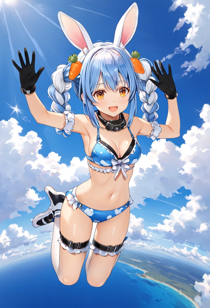 skydiving, Used Pekora, swimsuit,bikini,sky, horizon ,Autum, BREAK, Pekochan nml,1girl,animal ears,long hair,rabbit ears,gloves,pantyhose,carrot hair ornament,blue hair,hair ornament,food-themed hair ornament,twin braids,animal ear fluff,black gloves,braid,white hair