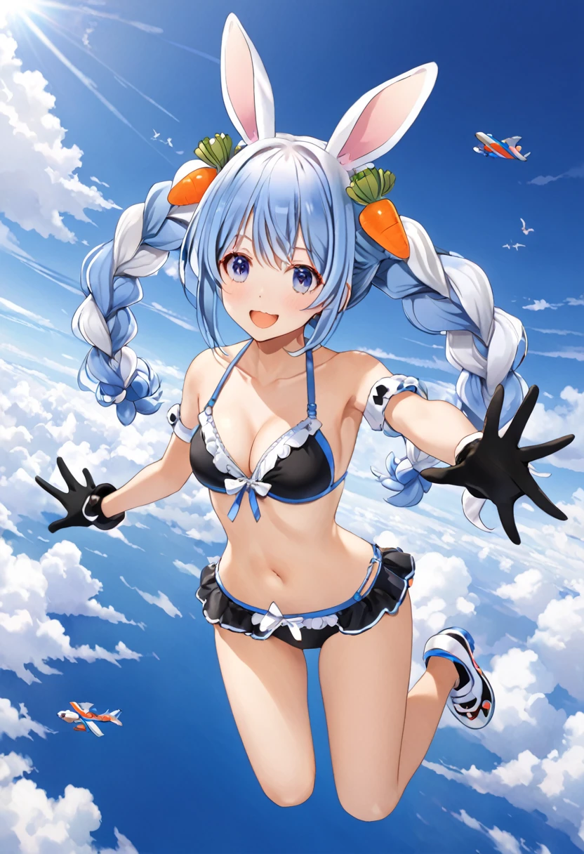 skydiving, Used Pekora, swimsuit,bikini,sky, horizon ,Autum, BREAK, Pekochan nml,1girl,animal ears,long hair,rabbit ears,gloves,pantyhose,carrot hair ornament,blue hair,hair ornament,food-themed hair ornament,twin braids,animal ear fluff,black gloves,braid,white hair