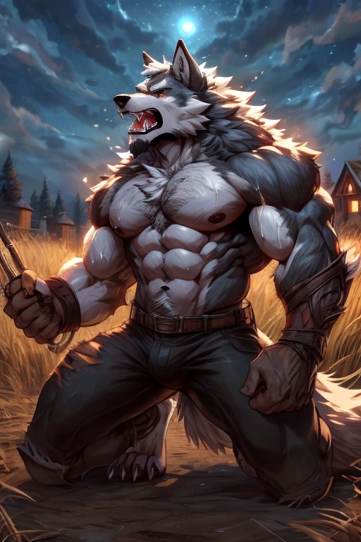 hairy，masterpiece，  best quality，Werewolf，White hair，（wolf eye，  detailed eyes  ），（ Upper body， pectoralis major ，Muscular，  chest hair，sweat ，Leg hair，Breast bulge，Buttock bulge）， background ：farm，（Conversion），night，（pain，Kneel down， facial pain  ， Drastic transformation  ），（（介于人类和Werewolf之间）），  broken black shorts  ，   shouting at the sky  