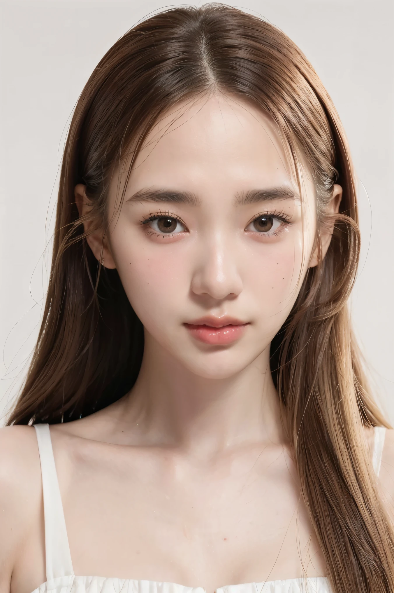 masterpiece, best quality,facing viewer, upper body,middle age female,Greek goddess's demeanor, melon seed face, ((slender eyes)), mole under eye,brown eyeballs, thin lips, blonde hair, very long hair, closed mouth and smile,40 year old, self-portrait, Simple background,white dress,