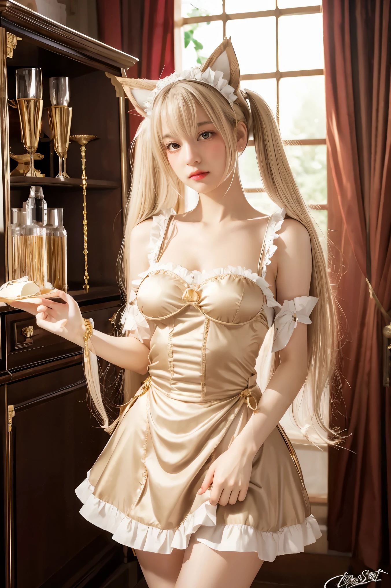 masterpiece, best quality, highly detailed, highres, hdr,, chobits, chii, feelingless,, 1girl, solo, bangs, bare shoulders, breasts, brown eyes, clamp (circle) (style), platinum blonde hair, very long hair, robot ears, small breasts, hair tubes,, maid, maid headdress, maid apron, victorian maid, maid dress,, mksks style, beautiful background, detailed background, professional lightning, mansion, indoor, gold ornament, gold, gold effects,