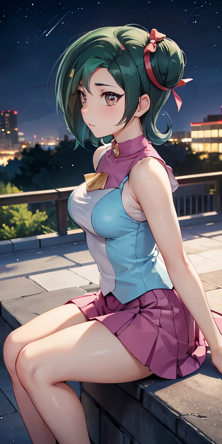 1 Female,High definition,high resolution,Ultra-realistic,8K, hmkotori, short hair, multicolored hair, single hair bun, hair ribbon, sleeveless shirt, pink skirt,tight skirt , miniskirt,pleated skirt,European,sexy,Upper body close-up,Photographed from the front,Dynamic Angles,private teacher,blush, medium tits ,outdoors, moonlight, dark sky, buildings,full body,4k, ultra high definition, perfect face, detailed face , (isometric profile view), sitting ,(pov, closed shot:1.2) ,thinking , detailed clothes 