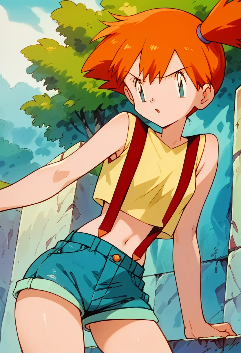 masterpiece, Kampala,Best Quality,8k
(Misty_Pokemon, orange hair,Skinny,Small breasts)
(Yellow sleeveless t-shirt,Belly button exposed, denim hot pants,Red suspenders)