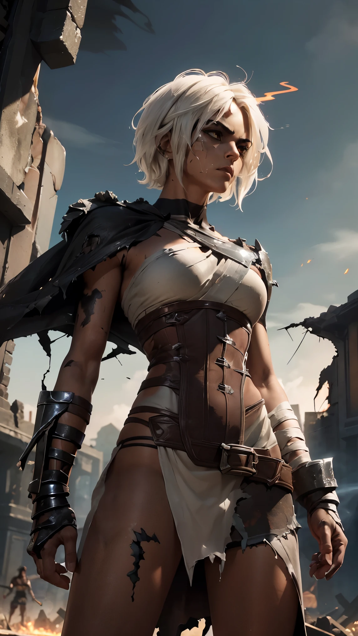 (highest quality, masterpiece, ultra high resolution), ruined battlefield with broken weapons and fallen banners, (perfect dynamic composition), highly detailed skin and facial textures:1.3, detail of limbs, 1 girl, riven \(league of legends\), short white hair, wearing a torn and revealing battle-worn short dress, corset, confident stance with her massive broken blade, toned and muscular body, tanned skin, intense dark golden eyes, black eyeshadow, defiant expression. (Armor exposing arms and midriff), chest gap, powerful and alluring presence, (bewitching:0.9), ((Destroyed weapons and shattered structures:1.8, ambient smoke and glowing embers:1.4)), view from the waist up