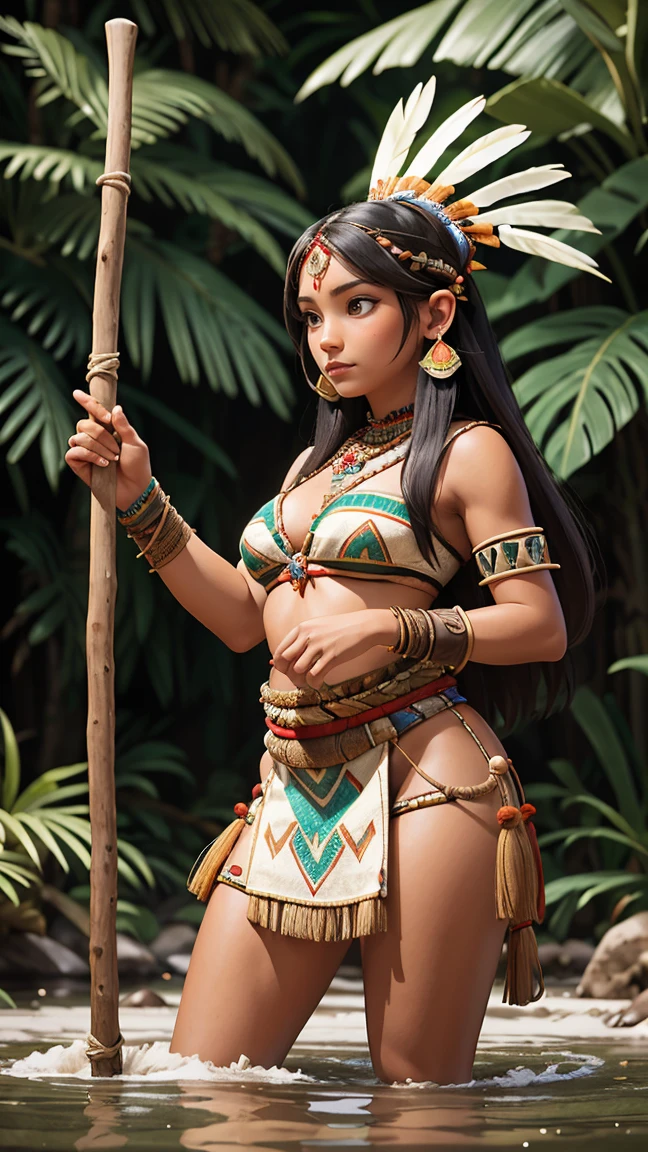 wide angle shot, Front View. Indigenous anime girl with very dark skin and black hair with bangs, brown eyes, glossy lips, from the Itzá people of Central America, the image should be full-body, with her attire being the traditional clothing of the Itzá in deep emerald color. The image should be from head to waist knees. beside the ritual place. wearing two piece, with Itzá tattoos. by Boo Chan. Makoto Shinkai and Ilya Kushinov, inspired by Stan Lee, trending on Displate. com, iridescent Poster, draw it1 fille, Solo, Résolution Haute, Seins, Résolution Haute, Qualité, Très détaillé, UHD,