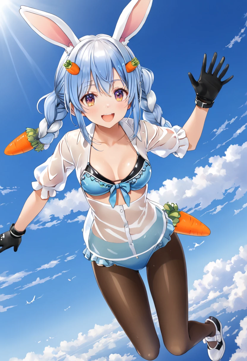 skydiving, Used Pekora, swimsuit,bikini, see-through wet shirt, sky, horizon ,Autum, BREAK, Pekochan nml,1girl,animal ears,long hair,rabbit ears,gloves,pantyhose,carrot hair ornament,blue hair,hair ornament,food-themed hair ornament,twin braids,animal ear fluff,black gloves,braid,white hair