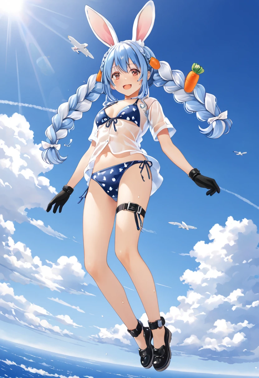 skydiving, Used Pekora, swimsuit,bikini, see-through wet shirt, sky, horizon ,Autum, BREAK, Pekochan nml,1girl,animal ears,long hair,rabbit ears,gloves,pantyhose,carrot hair ornament,blue hair,hair ornament,food-themed hair ornament,twin braids,animal ear fluff,black gloves,braid,white hair