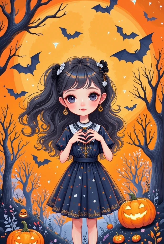 Cartoon，万圣节Cartoon鬼戴着女巫帽， makes a heart gesture with your hands isolated on an orange background,  happy Halloween concept , Light and Shadow, Fresh and natural, fairy tale, color, Abstract composition, 奇幻的Cartoon,Dreamy emotions, Beautiful fantasy art, Ethereal fantasy,  very beautiful fantasy art , Digital Art Fantasy,  enchanting and otherworldly , Fantasy Beauty, Volumetric Light, Natural soft light, color鲜艳, Bright, RGB, color斑斓, (whole body:1.8), Magazine Photography,  is popular on social platforms, ((Dopamineism)), (((Dopamine color matching))), Facing the screen, High Saturation,  high contrast ,  high definition, (in the style of Y2K), Luo Erchun, Oriental Poetry and Painting, (Ultra-fine:1.2, Out of Focus:1.2, color鲜艳,  movie lighting, Chiaroscuro, Ray Tracing,  surrealism , masterpiece, ccurate,  anatomically correct, Textured Skin,  superdetail, 8k)