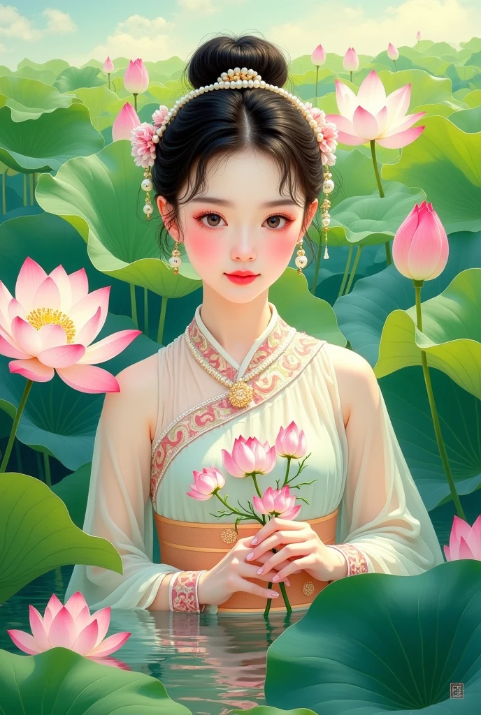 A painting：Woman in a lotus field, portrait，  a beautiful artwork illustration, Beautiful digital illustrations, author：The J, author：Li Song,  trending on cgstation , Middle Yuan Festival, Beautiful digital illustrations,  Beautiful Digital Artwork, Yu Zhiding, Lotus,  beautiful character painting 