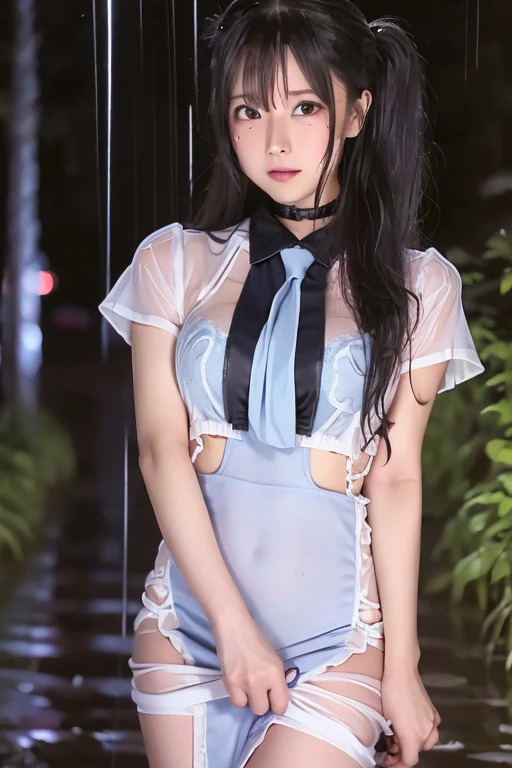   1 tall woman  , , (punk hairstyle  ,   Black Hair  ),   scary expression,   holding vaginal inserts for a plump body  ,  blue eyes , One Piece Uniform, (Wearing a transparent white dress, Short sleeve, Light grey tie,),   OSIS logo on the shirt pocket, Perfect round breasts,    he was tired of falling into the rain    (  the road is very muddy  ),  Expression of fatigue   (  his uniform was wet in the rain  ), heavy rain (Rain at night), The skirt is also transparent ,   Black Lace Panties ,  his uniform was wet   (  his uniform was wet  ),My skirt is wet too ,   Night sky background  , Best Shot.