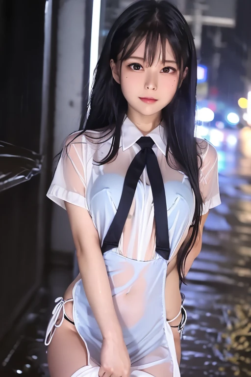   1 tall woman  , , (punk hairstyle  ,   Black Hair  ),   scary expression,   holding vaginal inserts for a plump body  ,  blue eyes , One Piece Uniform, (Wearing a transparent white dress, Short sleeve, Light grey tie,),   OSIS logo on the shirt pocket, Perfect round breasts,    he was tired of falling into the rain    (  the road is very muddy  ),  Expression of fatigue   (  his uniform was wet in the rain  ), heavy rain (Rain at night), The skirt is also transparent ,   Black Lace Panties ,  his uniform was wet   (  his uniform was wet  ),My skirt is wet too ,   Night sky background  , Best Shot.