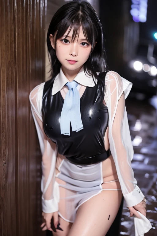   1 tall woman  , , (punk hairstyle  ,   Black Hair  ),   scary expression,   holding vaginal inserts for a plump body  ,  blue eyes , One Piece Uniform, (Wearing a transparent white dress, Short sleeve, Light grey tie,),   OSIS logo on the shirt pocket, Perfect round breasts,    he was tired of falling into the rain    (  the road is very muddy  ),  Expression of fatigue   (  his uniform was wet in the rain  ), heavy rain (Rain at night), The skirt is also transparent ,   Black Lace Panties ,  his uniform was wet   (  his uniform was wet  ),My skirt is wet too ,   Night sky background  , Best Shot.