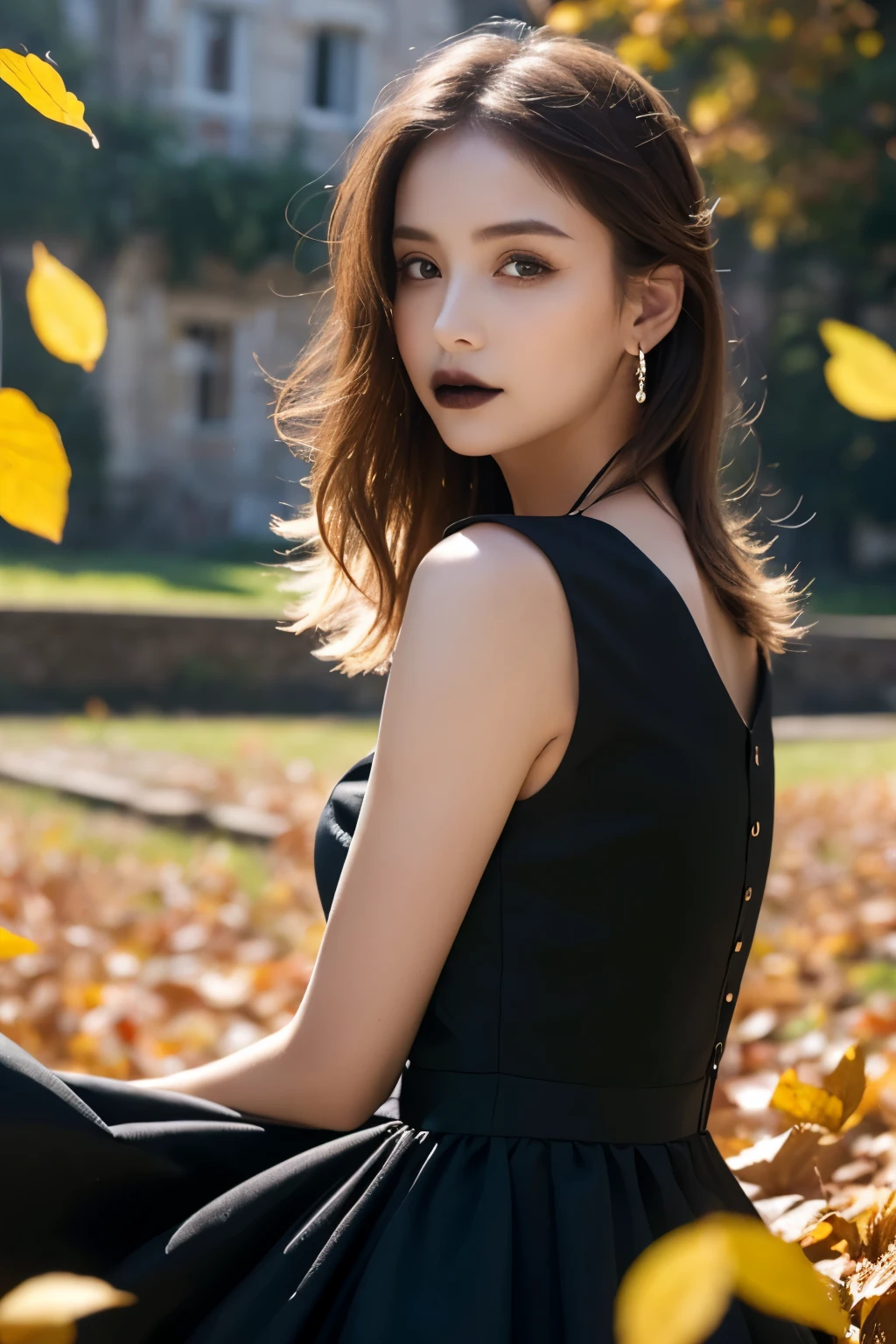     1 girl, ( She's wearing a gothic black dress :1.2), (Gothic Makeup),  A very beautiful portrait of a Japanese singer , (RAW Photo Best Quality), (Realistic, Realistic:1.4), (masterpiece), 
 very detailed , 2k wallpaper, wonderful, finely,  very detailed ,  CG Unity 8k Wallpaper ,  very detailed ,  Kampala, Soft light, 
 A beautiful girl carefully drawn in every detail ,  very detailed な目と顔, A beautiful and elegant nose,  beautiful beautiful eyes, Cinema Lighting, 
(Girl full body silhouette:1.2), ( Background of scattered fallen leaves surrounding a decaying castle:1.4), (Autumn leaves shining in the transmitted light of sunlight ), ( A vivid screen with intense contrasts :1.5),
( medium hair ), (Disheveled hair blowing in the wind), 
 perfect anatomy, Slender body, Small breasts, Thin legs