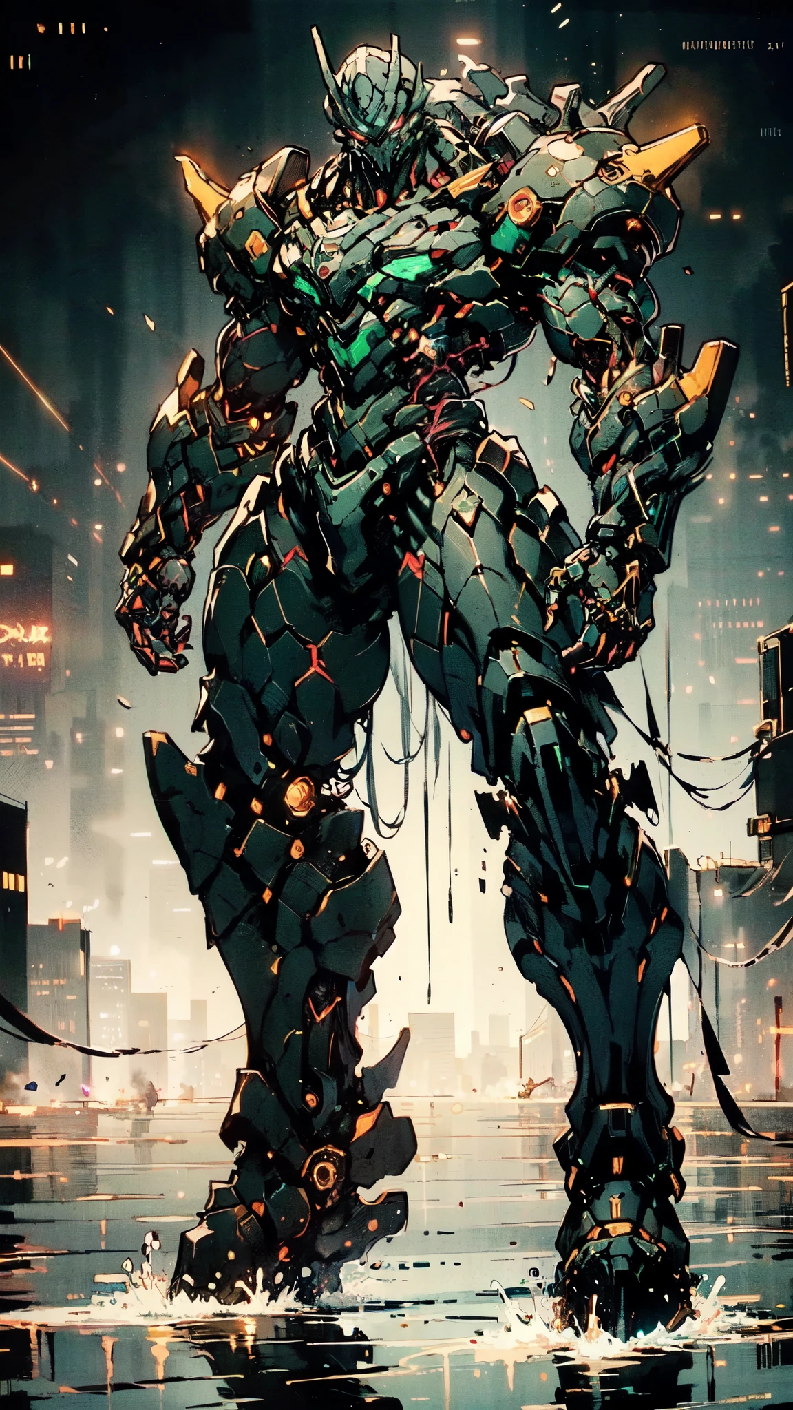 (masterpiece:1.5, best quality:1.5, extremely delicate:1.5, dynamic angle:1.5), ((male:1.5)), Biomimetic humanoid Mecha, green eyes, fully enclosed shoulder guards, matching arm and leg guards, gemstone, full body, full armor, the design balances heavy with agility, organic biotech armor, (the color scheme is primarily Golden and Black with Red and Green accents, concept Inspired by Godzilla, glowing eyes, the armor glows), standing, floating high above the futuristic sci-fi city, a finely crafted Super robot in anime style, exquisite and mature art style, metallic, dramatic, high definition, highres, ultra-detailed, ultra-fine painting, professional, anatomically correct, symmetrical face, extremely detailed eyes and face, high quality eyes, creativity, RAW photo, UHD, 32k, Natural light, cinematic lighting, (masterpiece-anatomy-perfect:1.2)